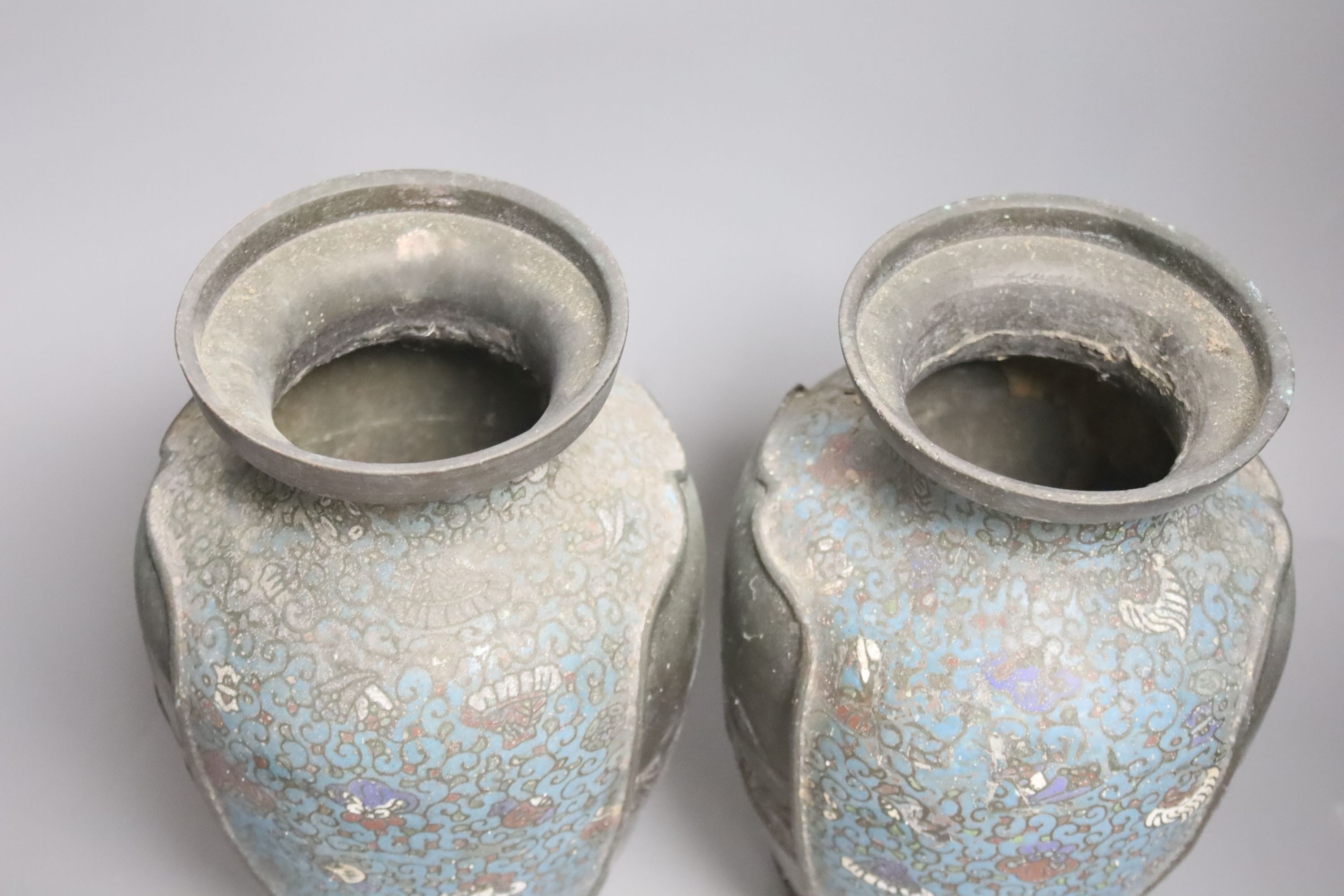 A pair of Japanese champleve enamel vases, height 30cm